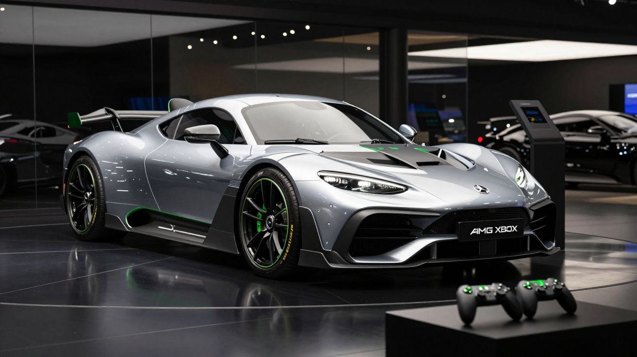 Carro esportivo prata com detalhes verdes, placa AMG XBOX, exibido em estande com dois controles de videogame.