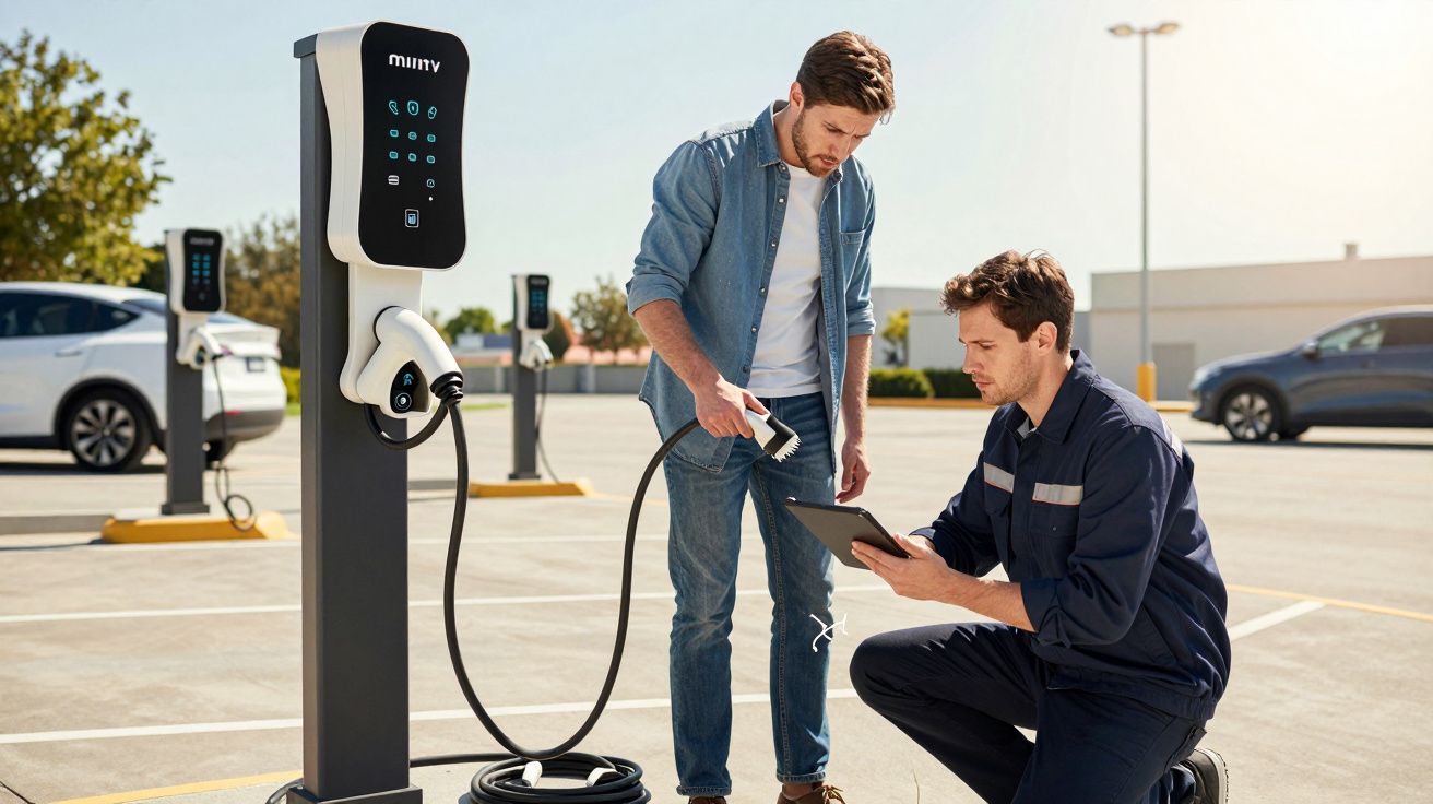 Dois homens verificam o carregador de carro elétrico em estacionamento ao ar livre durante o dia.