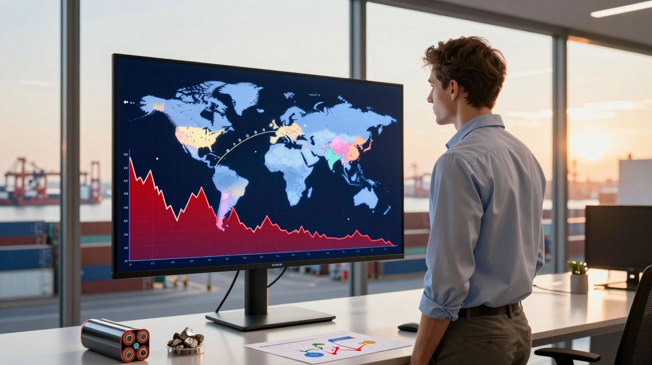 Homem observa gráfico de dados e mapa mundial em tela grande em escritório com vista para porto.