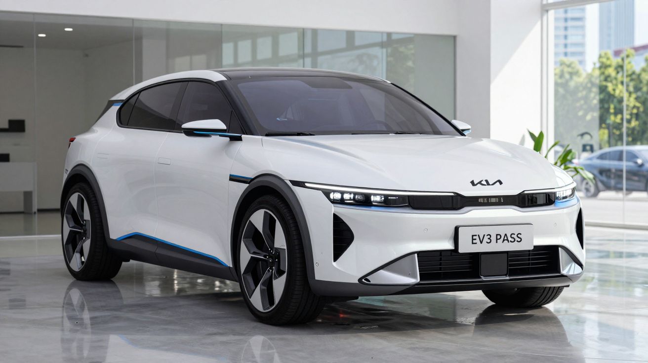 Carro elétrico branco Kia EV3 Pass em exposição interna com design moderno e rodas esportivas.