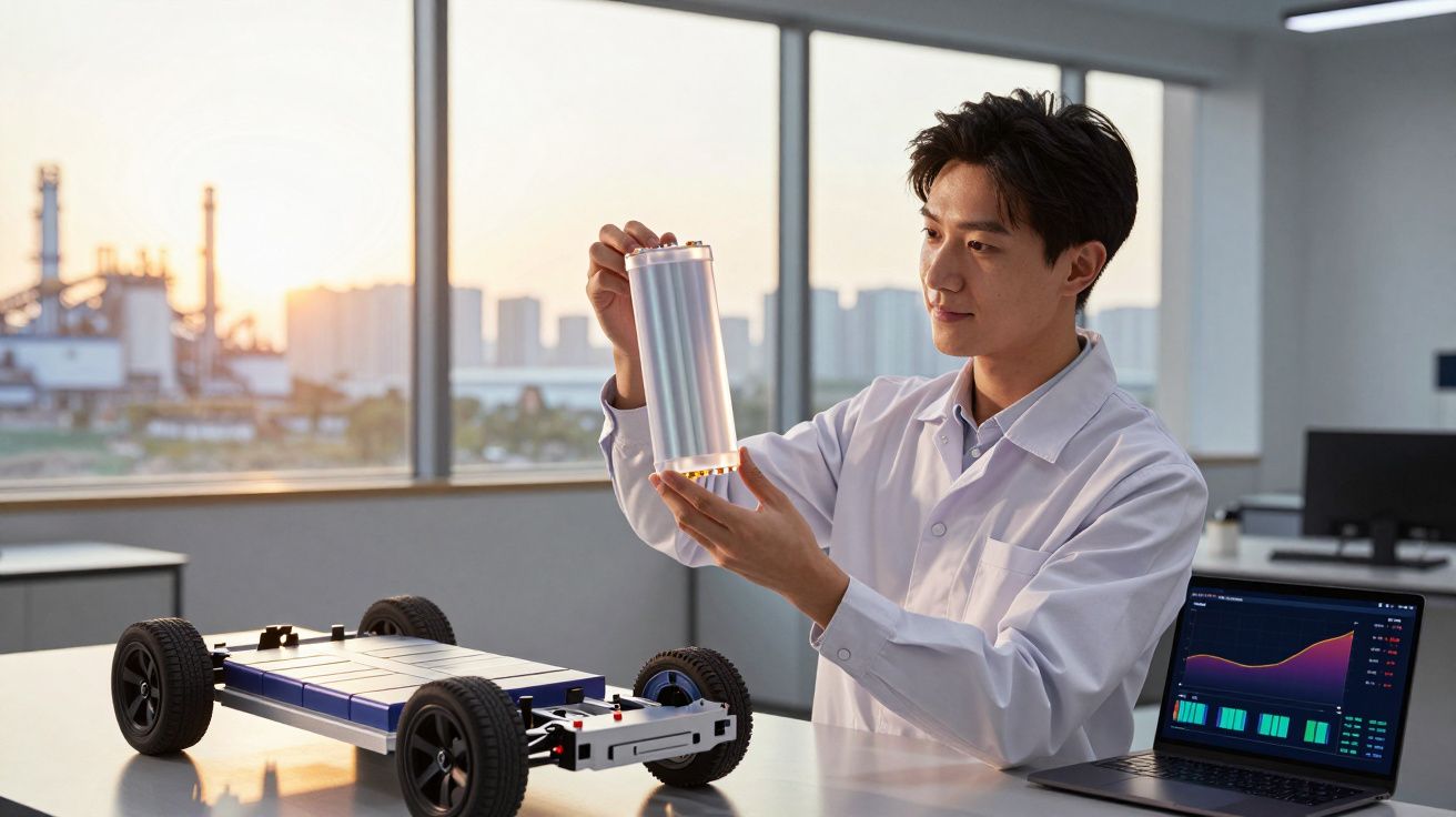 Cientista em laboratório segurando bateria ao lado de maquete de chassi de carro elétrico e notebook com gráficos.