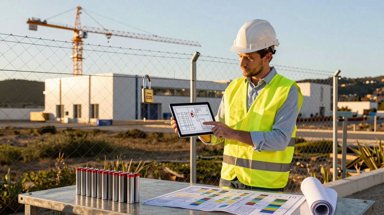 Engenheiro com colete e capacete mostra planta em tablet em obra ao ar livre com tabela e baterias.