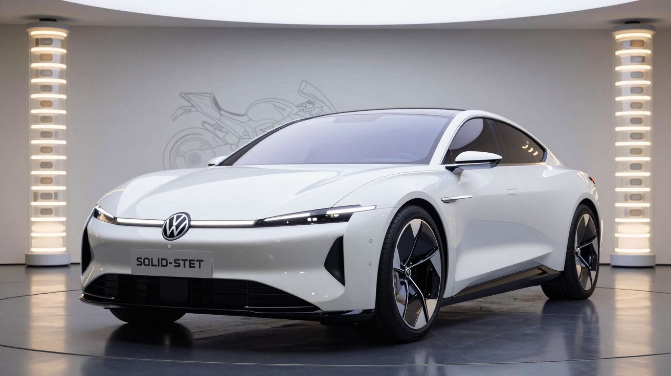 Carro elétrico branco Volkswagen Solid-Stet exibido em ambiente interno moderno com iluminação suave.