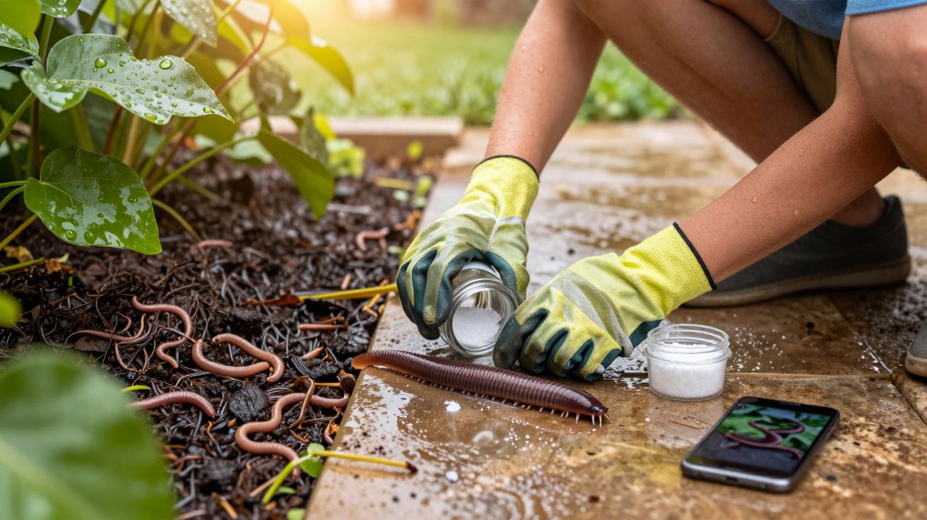 Pessoa com luvas aplicando sal sobre uma centopeia grande próxima a minhocas no jardim.