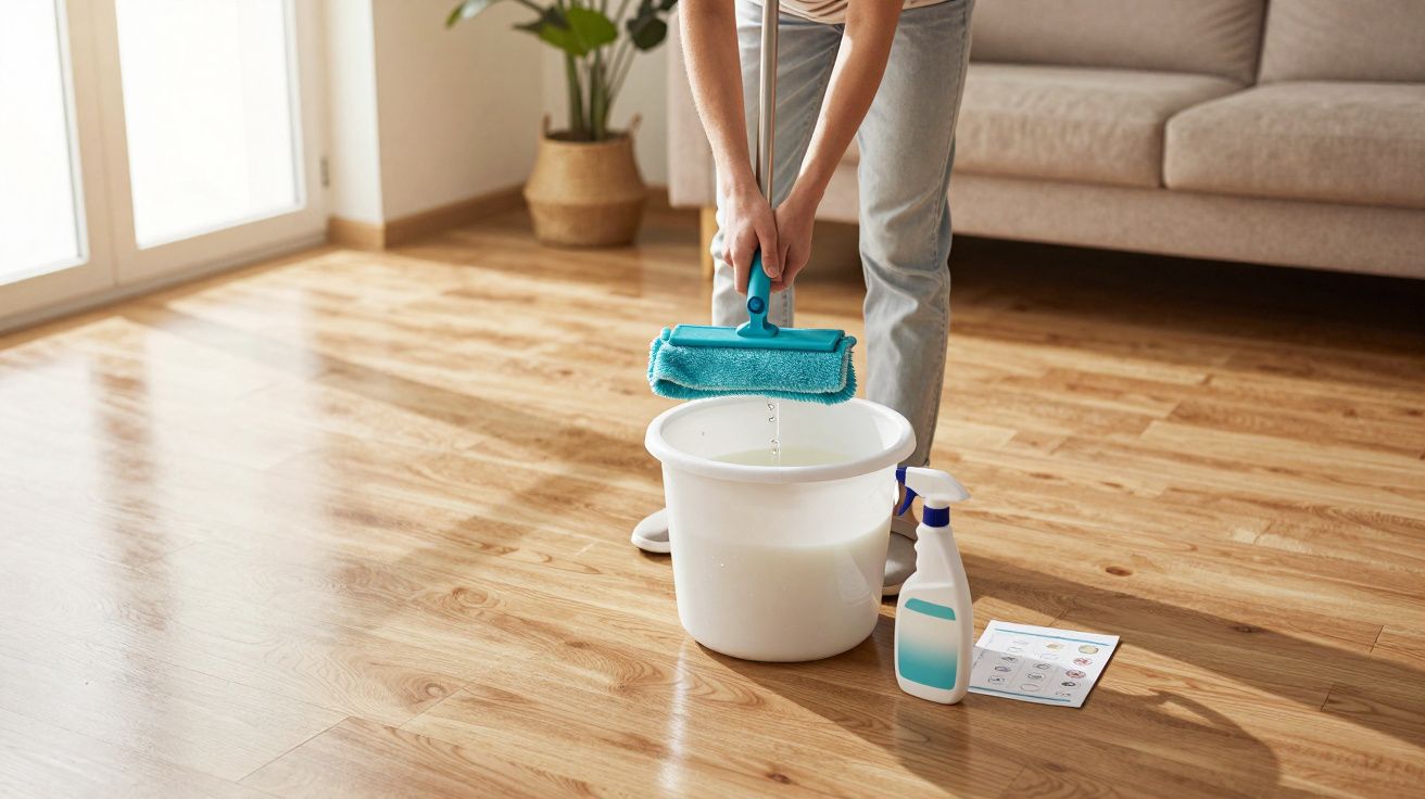 Pessoa espremendo pano azul sobre balde branco em chão de madeira clara com sofá ao fundo.