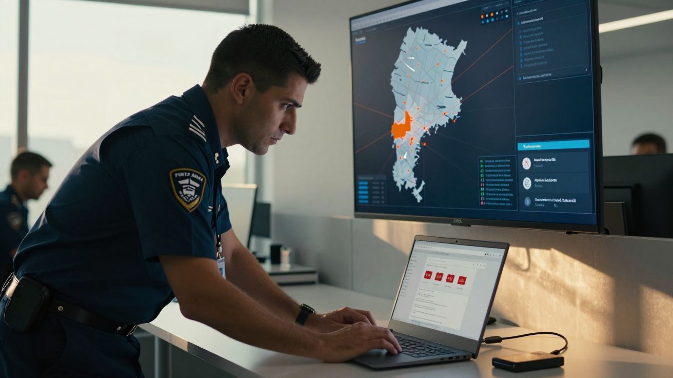 Policial federal analisando mapa em tela grande enquanto usa notebook em ambiente de trabalho moderno.