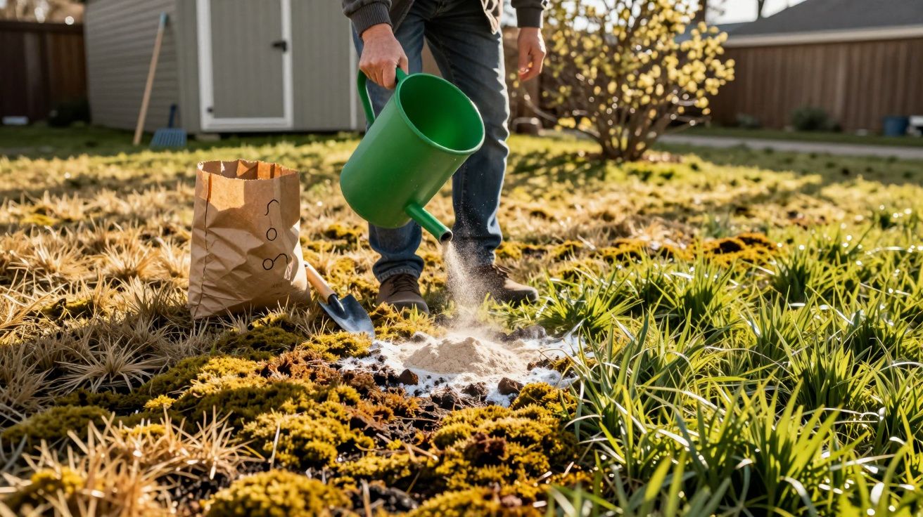 Pessoa regando plantas em jardim com regador verde, saco de papel e pá ao lado, em área externa ensolarada.