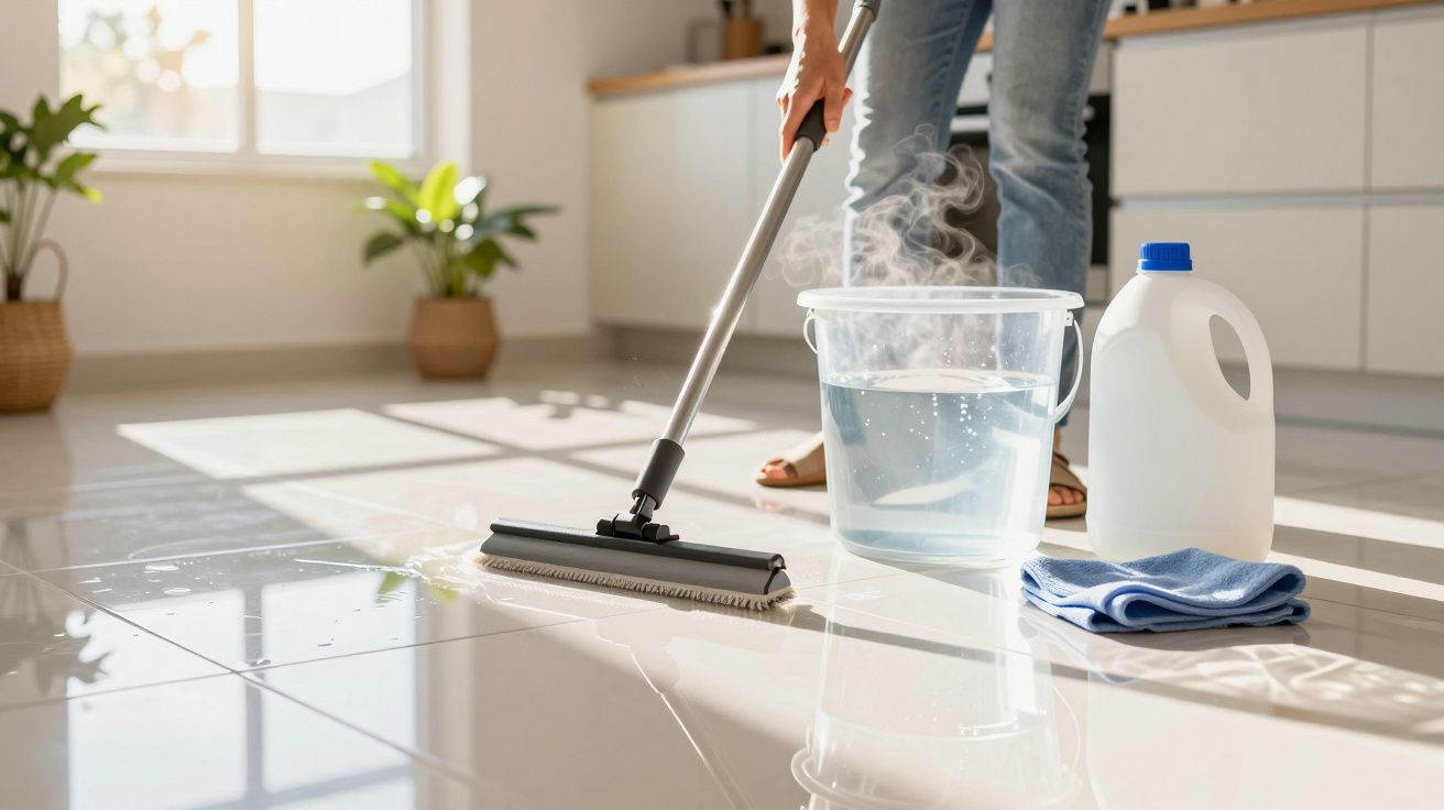 Pessoa limpando piso de cerâmica com rodo, balde com água quente, pano azul e galão de produto de limpeza.