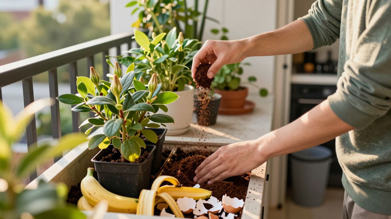 Pessoa adicionando terra à jardineira com plantas e cascas de ovos na varanda ensolarada