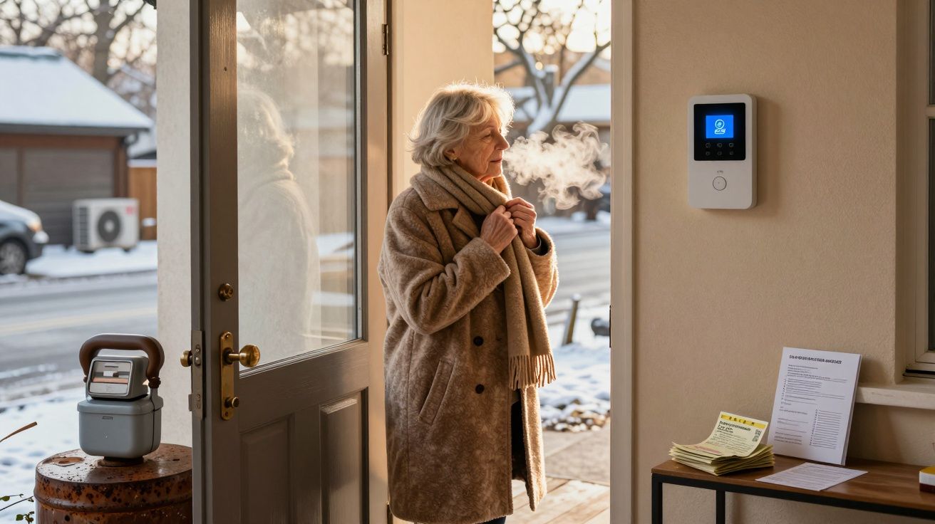 Idosa vestindo casaco e cachecol, com vapor saindo da boca, em porta aberta para ambiente externo com neve.