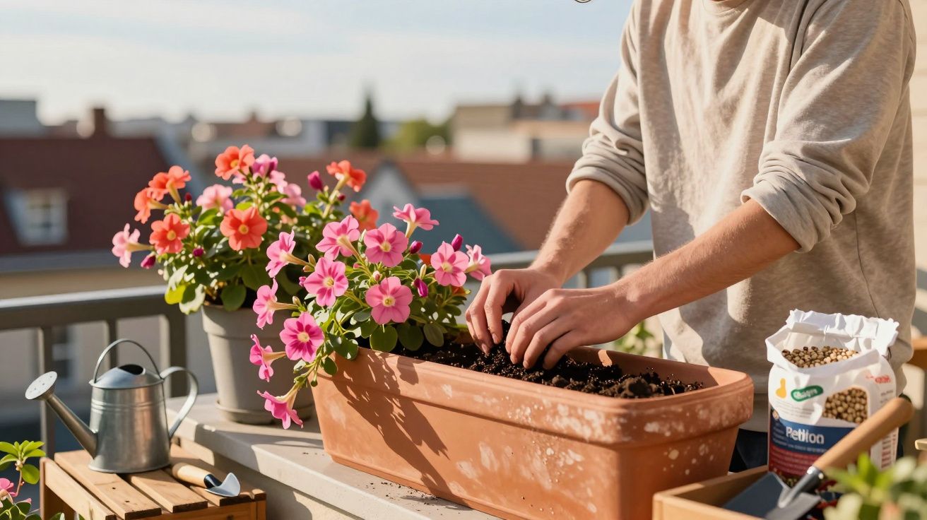 Pessoa plantando flores em vaso de barro na varanda, com regador e flores coloridas ao lado.