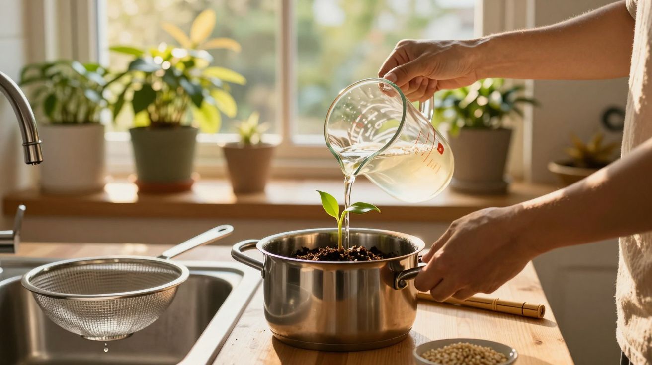 Mãos regando planta jovem em panela com solo na cozinha iluminada com plantas ao fundo.