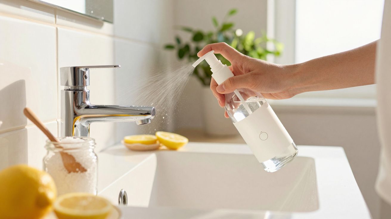 Mão borrifando produto em spray transparente sobre cuba branca em banheiro iluminado com limões cortados ao fundo.