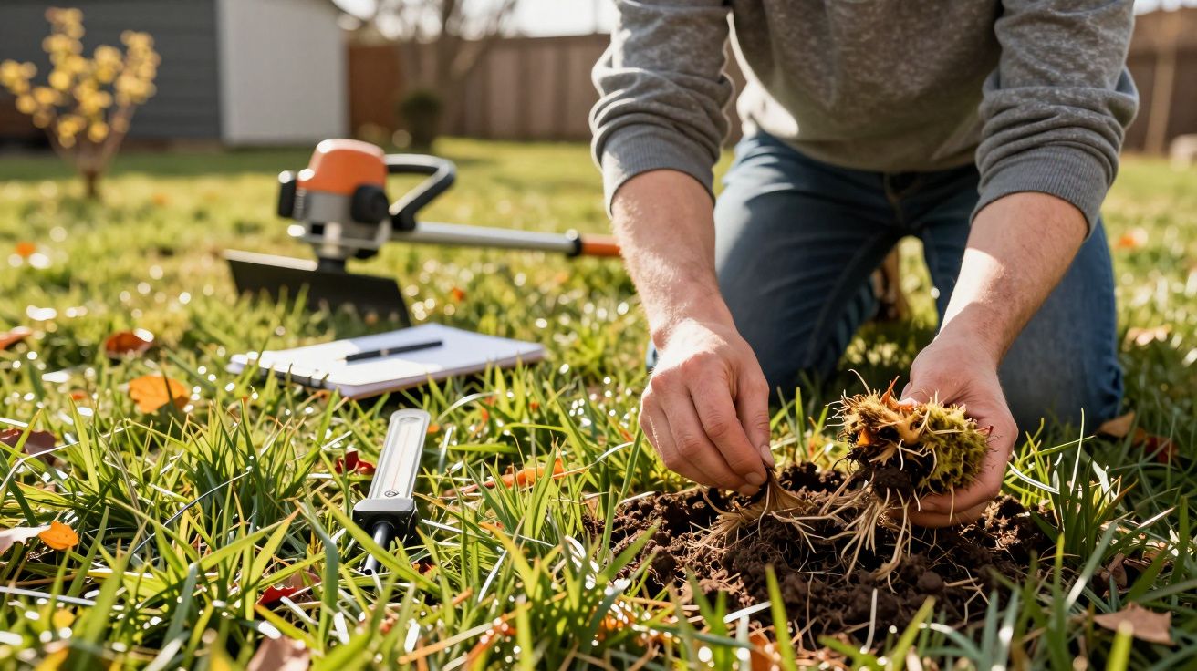 Pessoa agachada retirando planta com raízes do solo em jardim com ferramentas ao redor.