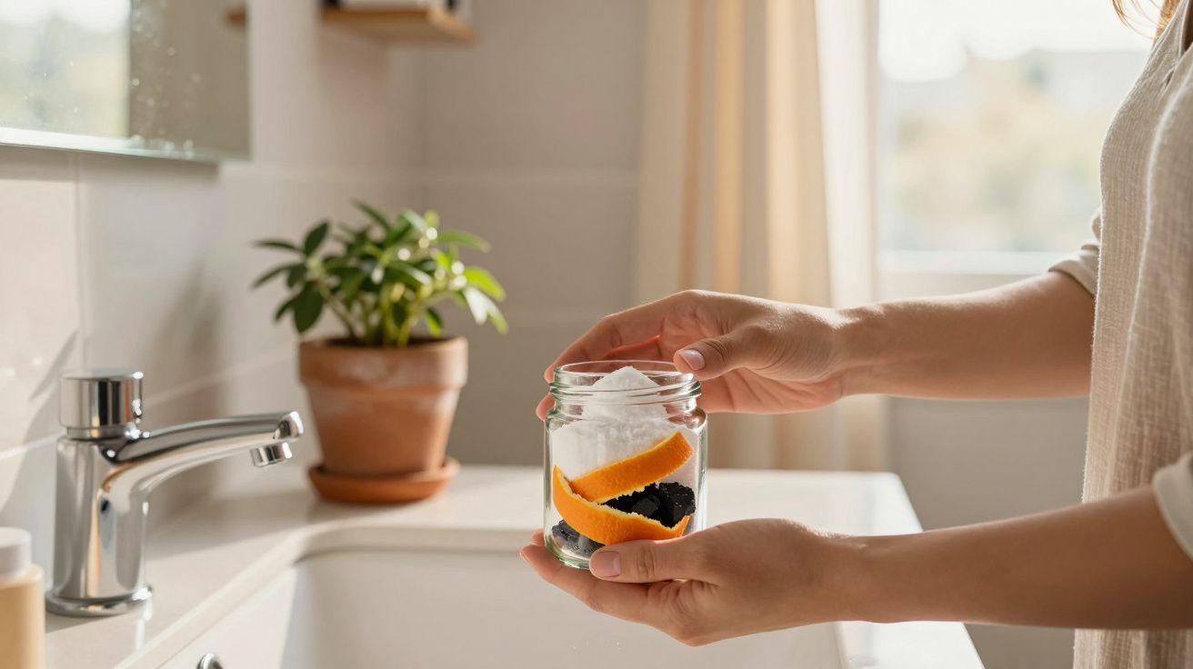 Mãos seguram pote de vidro com raspas de laranja e algodão em banheiro iluminado com planta ao fundo.