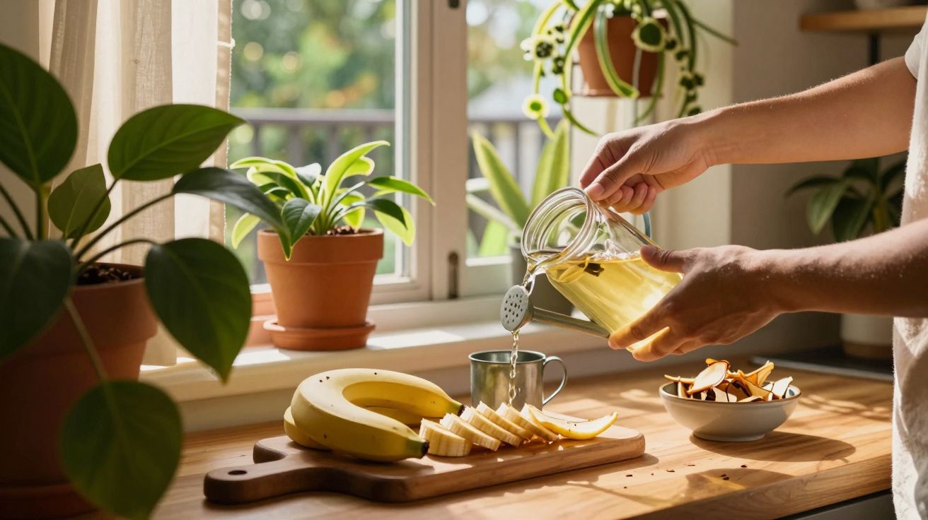Pessoa despejando chá em xícara na cozinha iluminada, com bananas fatiadas e plantas ao fundo.
