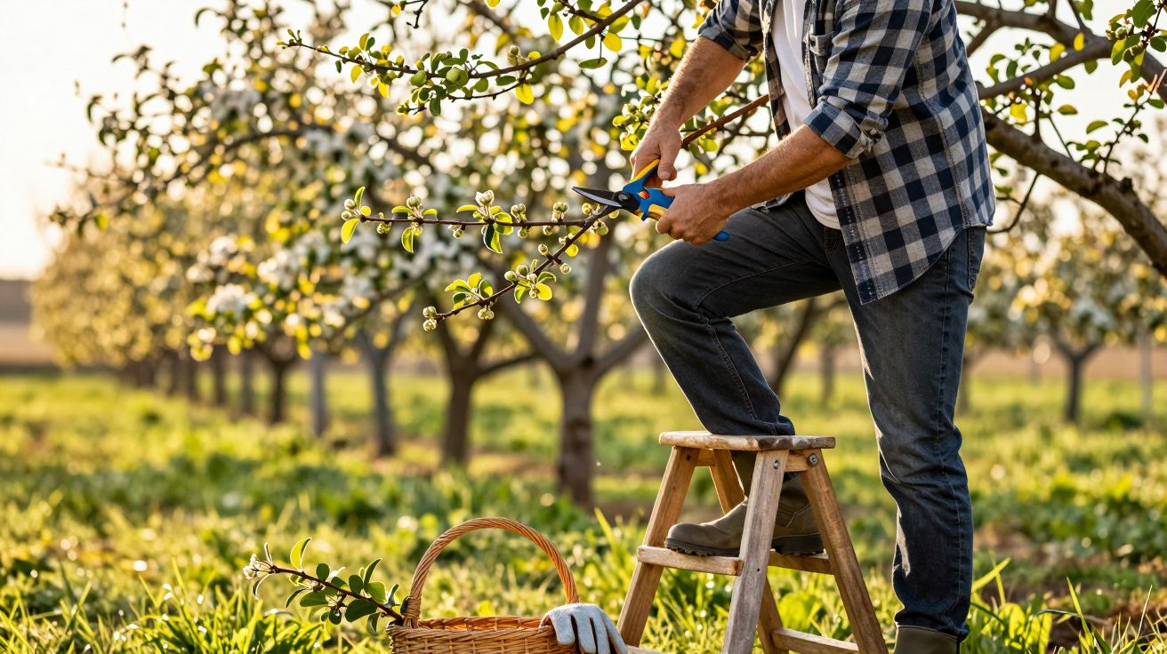Pessoa podando galho de árvore em pomar, em pé sobre escada, com cesto e luvas no chão.