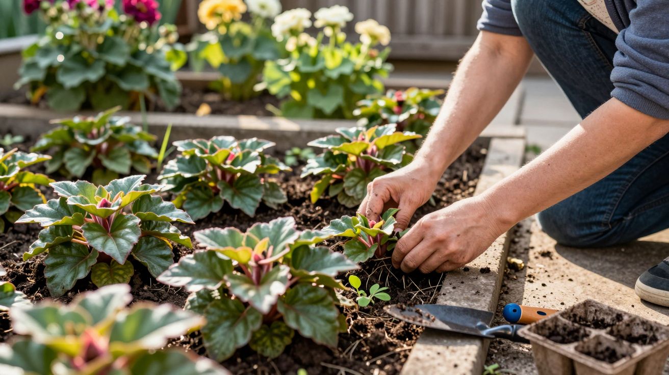 Pessoa cuidando de plantas em jardim, com ferramenta de jardinagem e vaso de sementes ao lado.