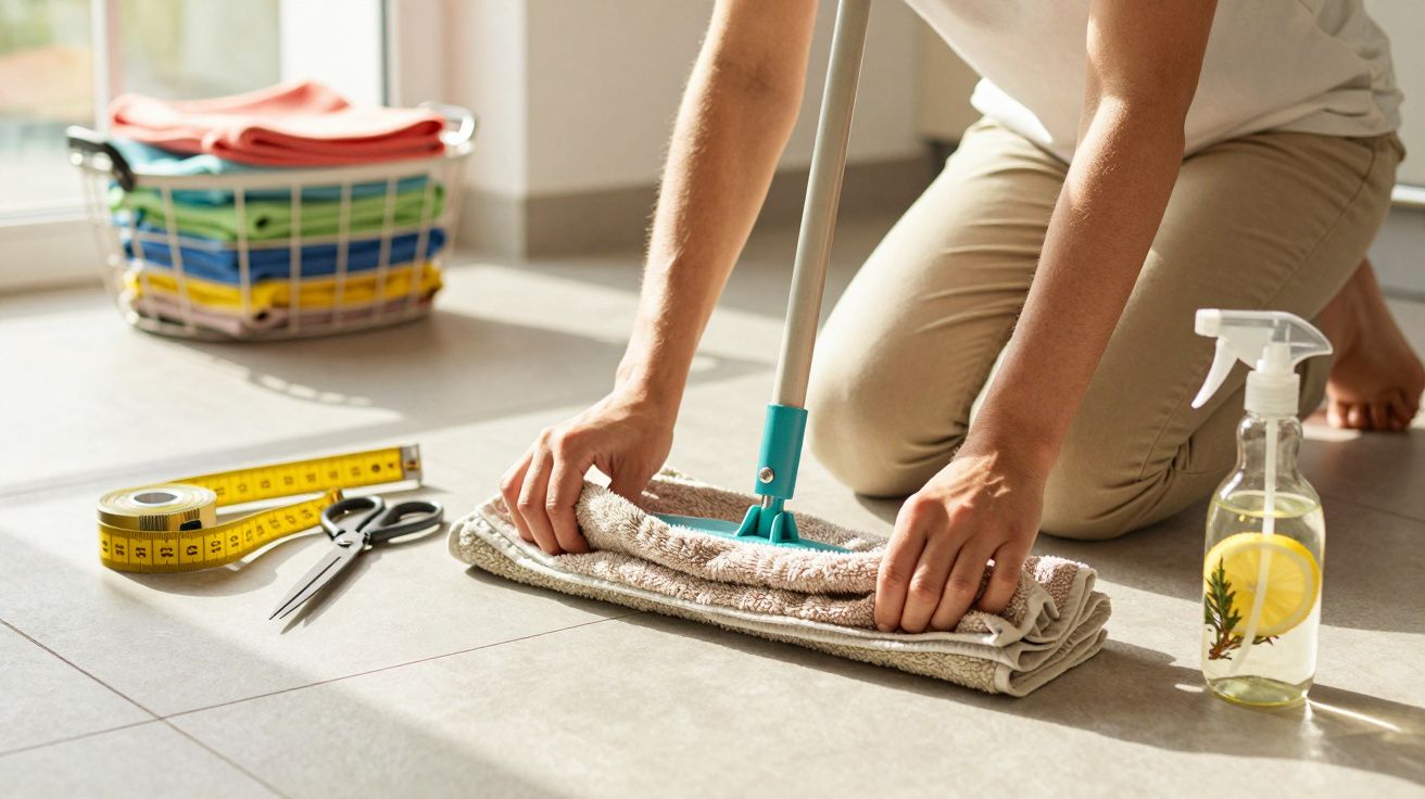 Pessoa limpando o chão com esfregão e pano, ao lado de tesoura, fita métrica e frasco borrifador.