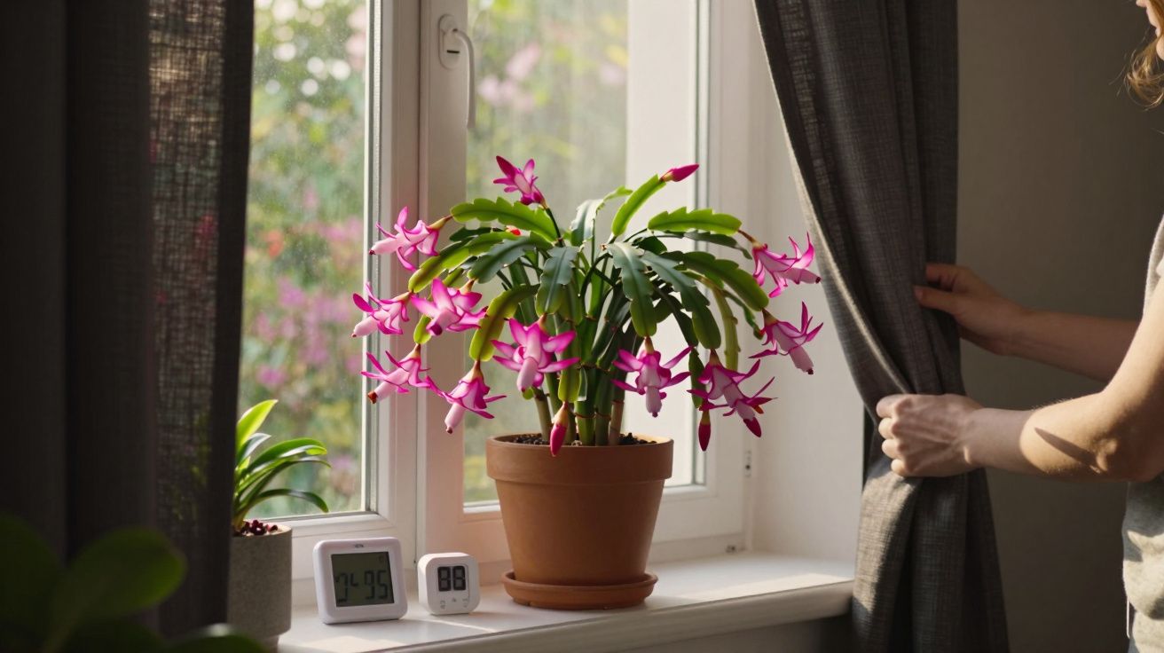 Vaso de flor com flores rosa na janela iluminada, pessoas abrindo cortina à direita.