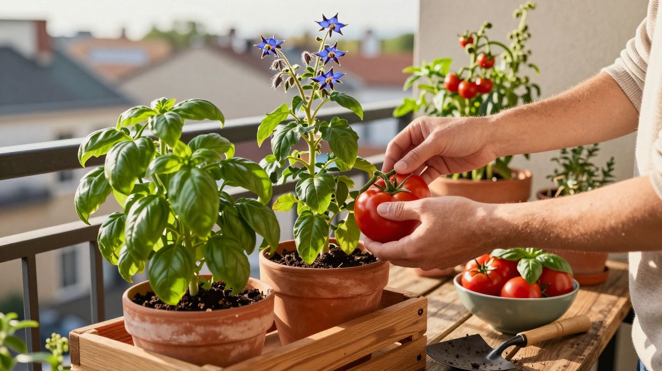 Mãos colhendo tomate maduro em vaso no parapeito de varanda com plantas e ferramentas de jardim.