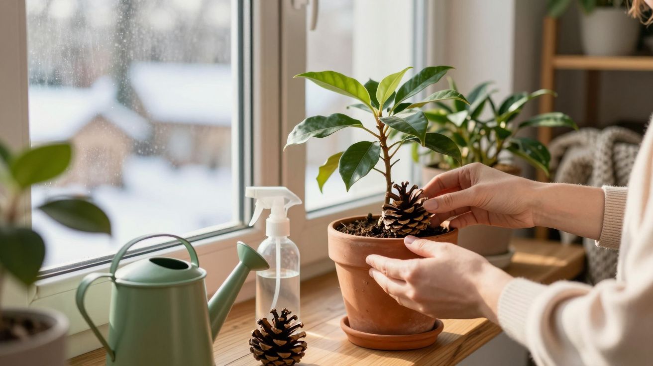 Mãos posicionando pinha em vaso com planta em janela, próximo a regador e borrifador sobre banco de madeira.