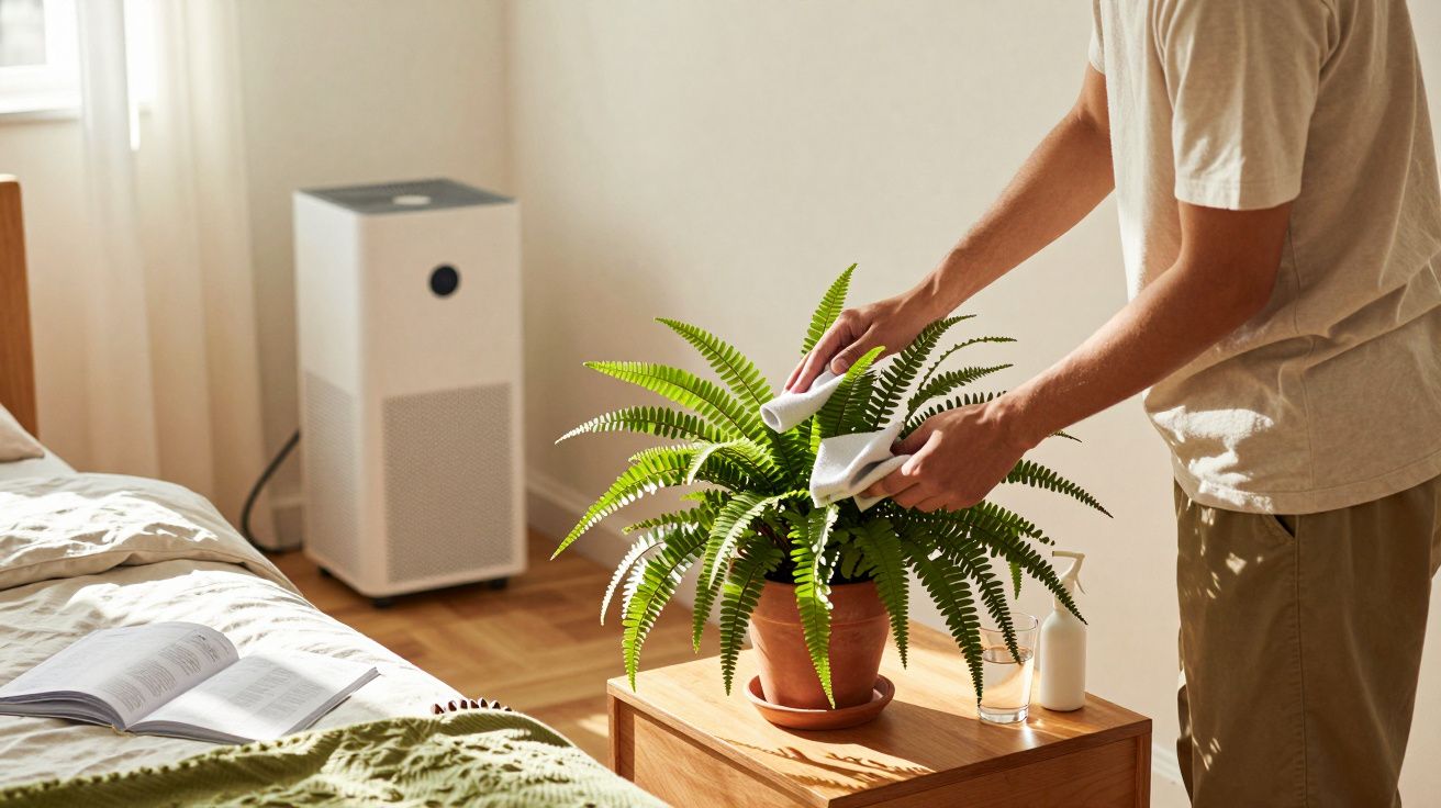 Pessoa cuidando de planta com folhas verdes em vaso sobre mesa ao lado de cama em quarto iluminado.