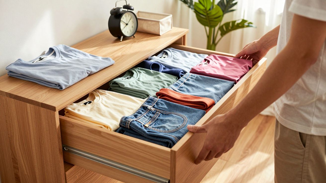 Pessoa abrindo gaveta com roupas organizadas e dobradas em cômoda de madeira clara.