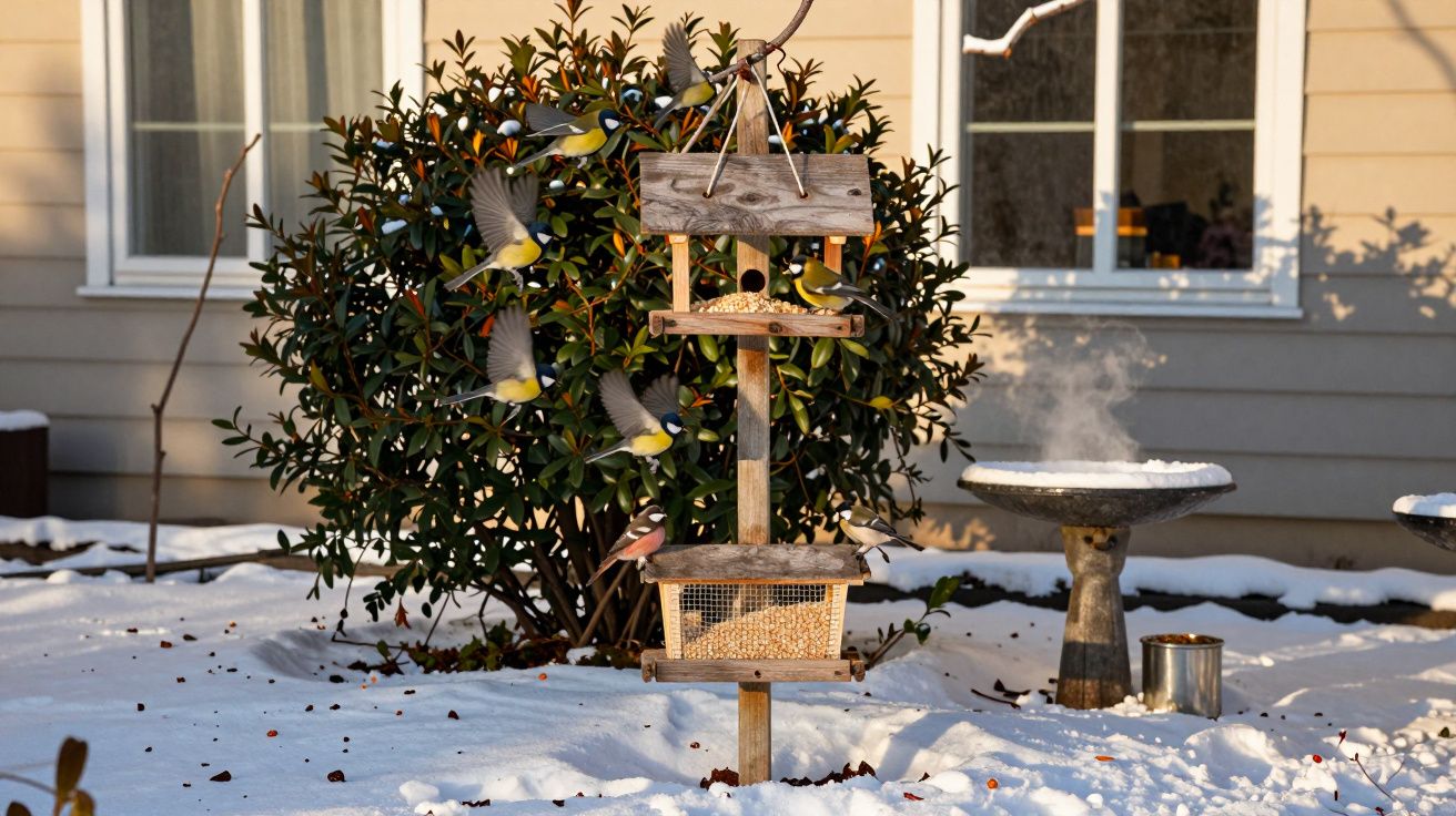 Comedouro de madeira no jardim coberto de neve com vários pássaros coloridos alimentando-se ao redor.