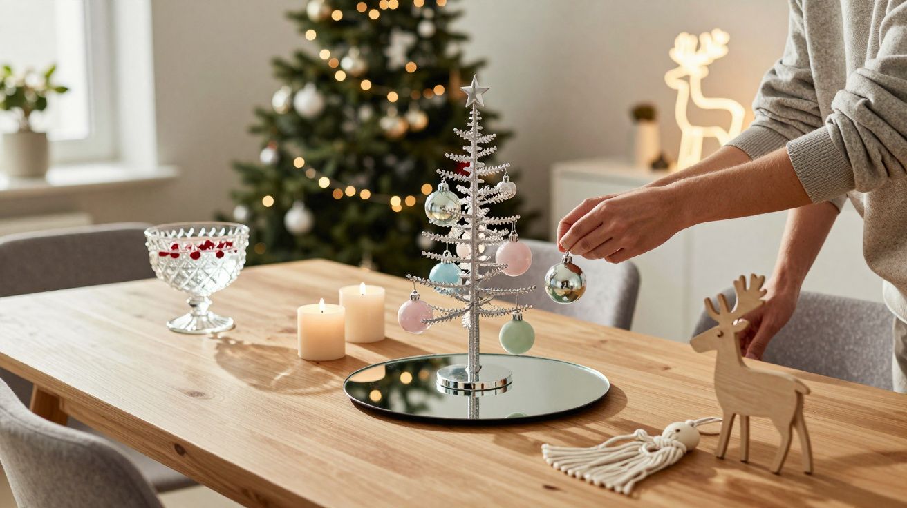 Pessoa decorando mini árvore de Natal prateada com bolas coloridas sobre mesa de madeira clara.