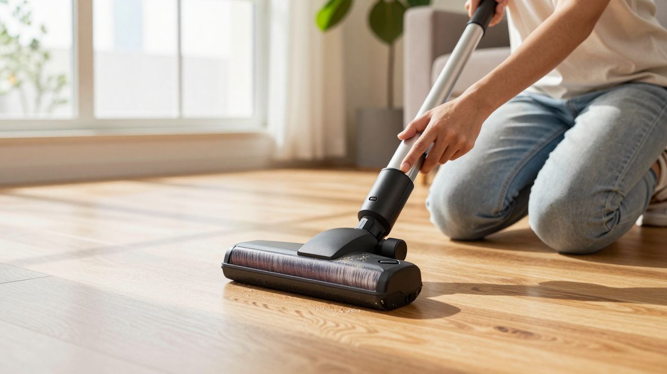 Pessoa usando aspirador de pó sem fio para limpar piso de madeira em ambiente iluminado.