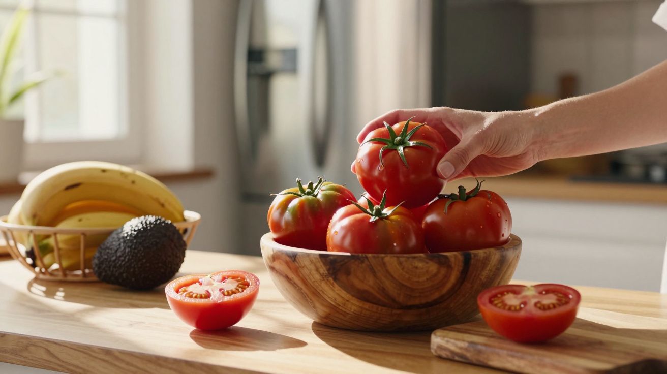 Mão pegando tomate em uma tigela de madeira, com tomate cortado, abacate e bananas ao fundo.