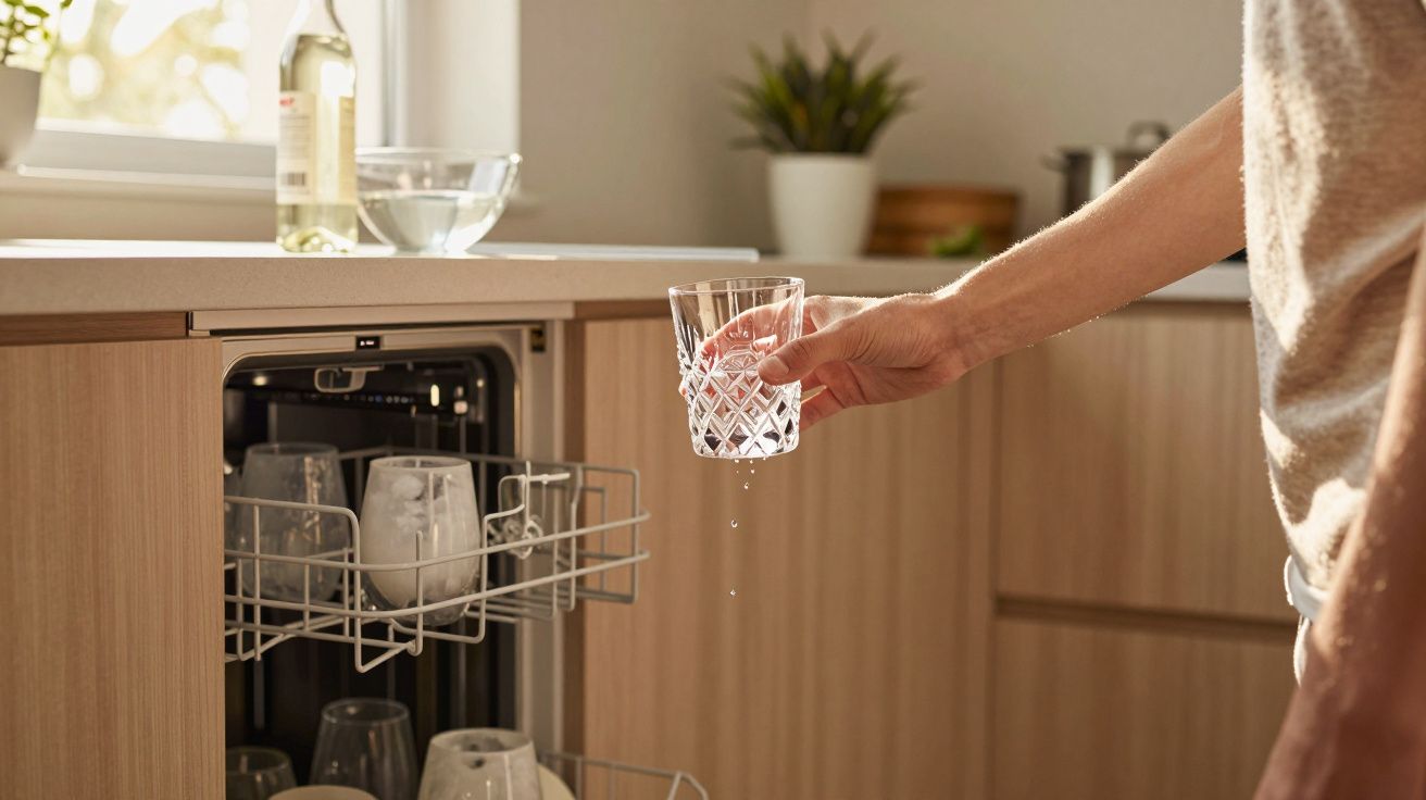 Pessoa segurando copo de vidro molhado ao retirar da lava-louças na cozinha iluminada.