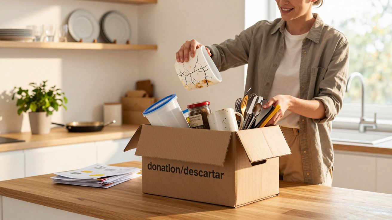 Pessoa colocando utensílios domésticos em caixa para doação ou descarte em cozinha bem iluminada.