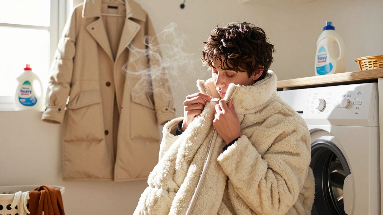 Pessoa vestindo casaco felpudo bege, assoprando vapor quente, em lavanderia ao lado de máquina de lavar roupas.