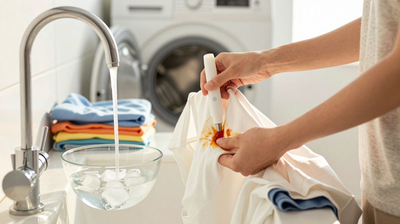 Pessoa aplicando tira manchas em camiseta branca com mancha laranja na lavanderia com roupas coloridas ao fundo.