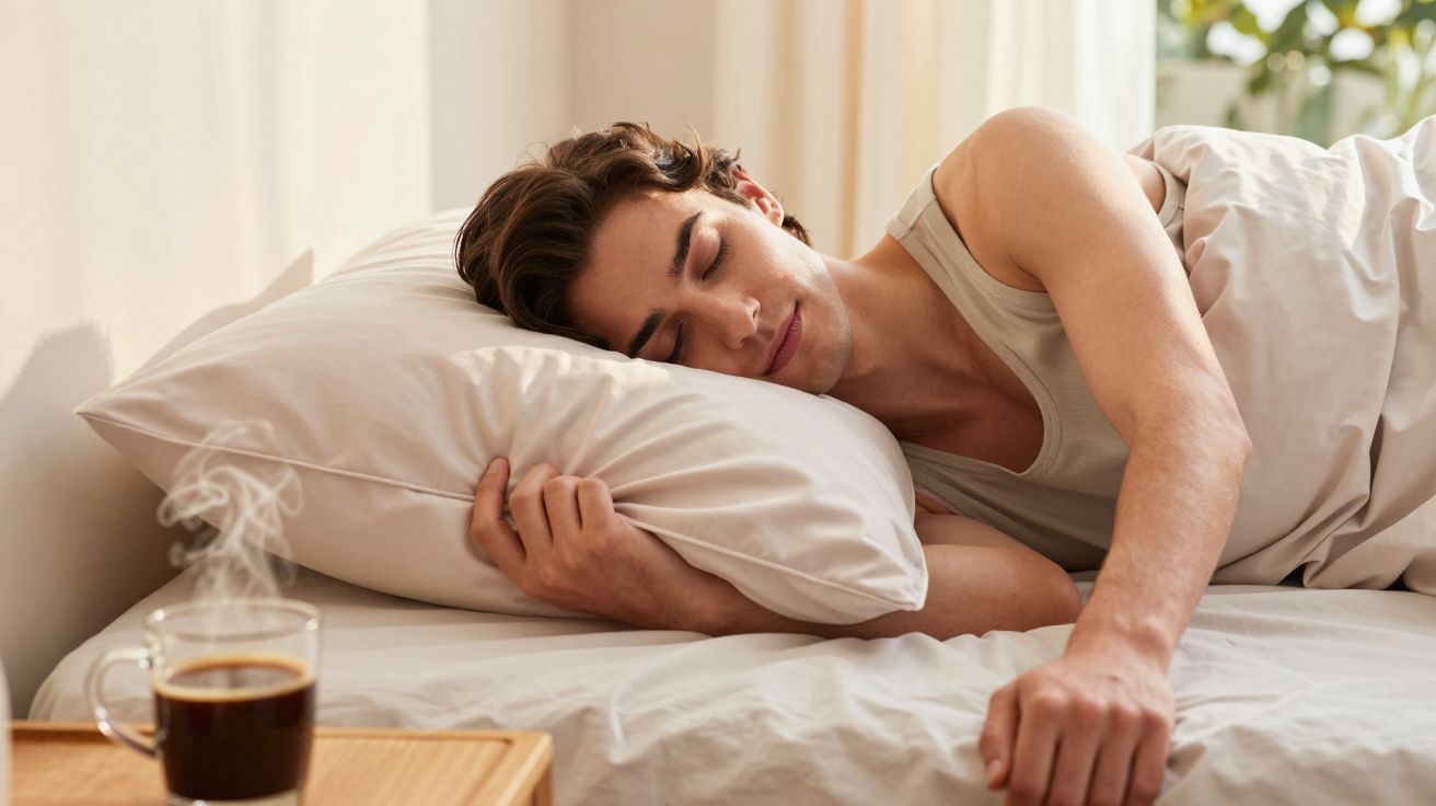 Homem jovem dormindo de lado na cama com travesseiro branco e xícara de café quente ao lado.