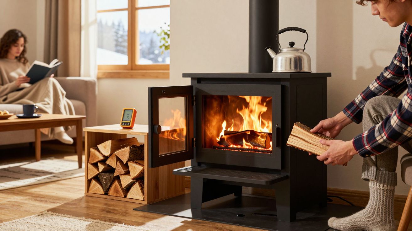Pessoa colocando lenha em lareira acesa em sala aconchegante, outra pessoa lendo no sofá ao fundo.