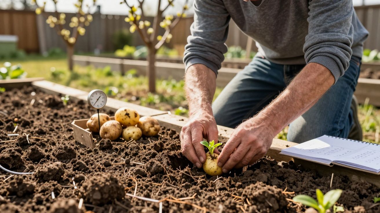 Pessoa plantando batatas em canteiro de terra com termômetro e caderno ao lado em horta ao ar livre.