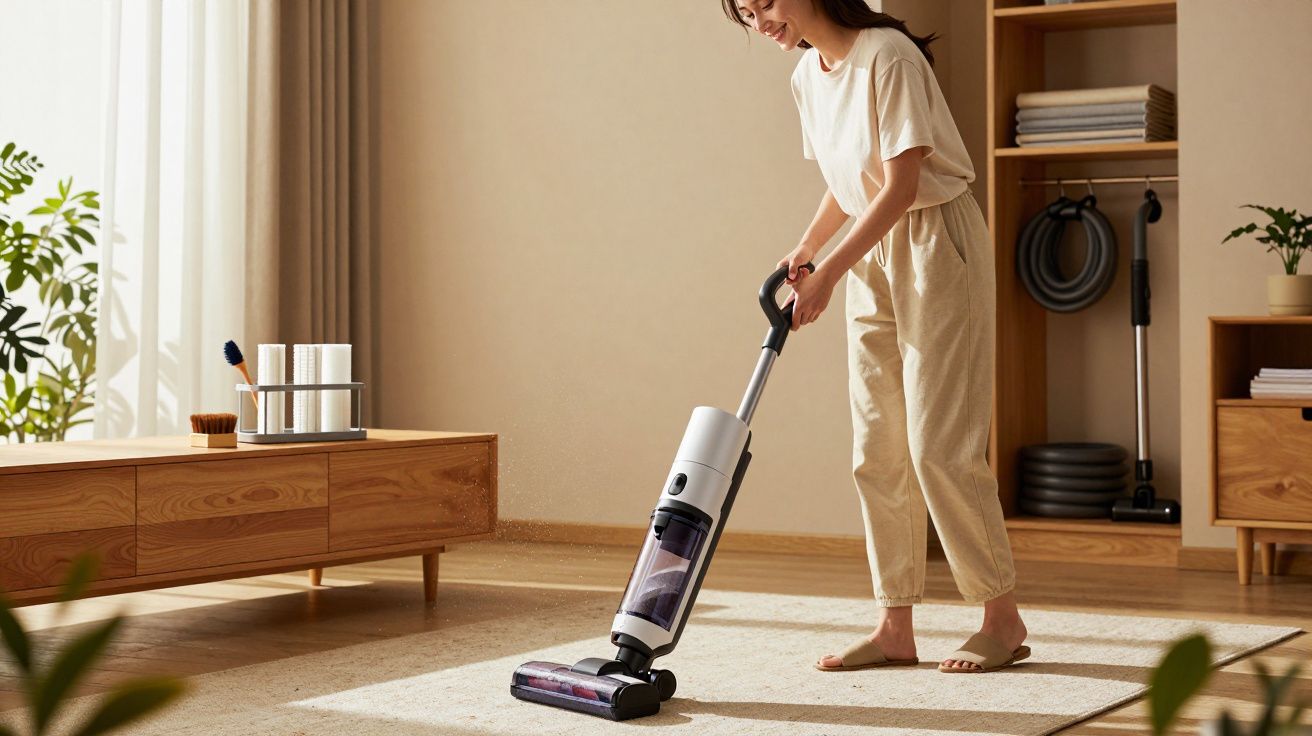 Mulher sorrindo limpa tapete claro com aspirador vertical em sala de estar iluminada.