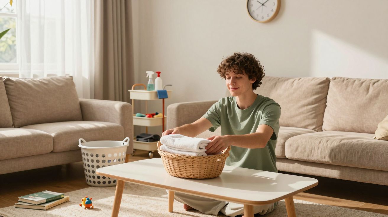 Jovem organizando toalhas em cesta no centro de uma sala de estar com sofás e mesa baixa.