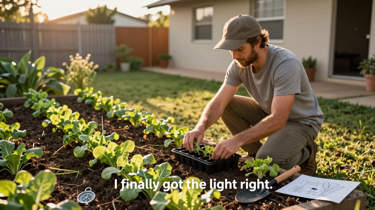 Homem de boné cultivando mudas em canteiro de vegetais ao ar livre ao entardecer.