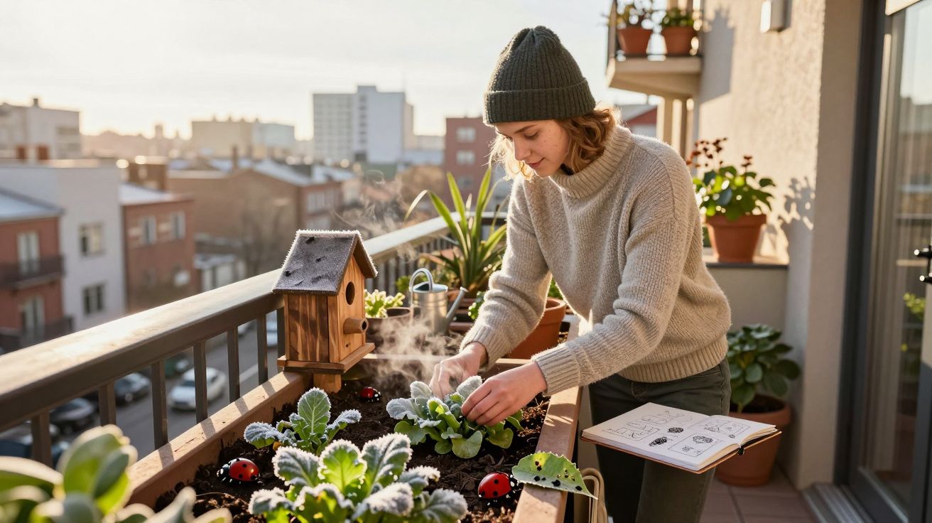 Jovem regando plantas em horta urbana na varanda de apartamento ao entardecer.