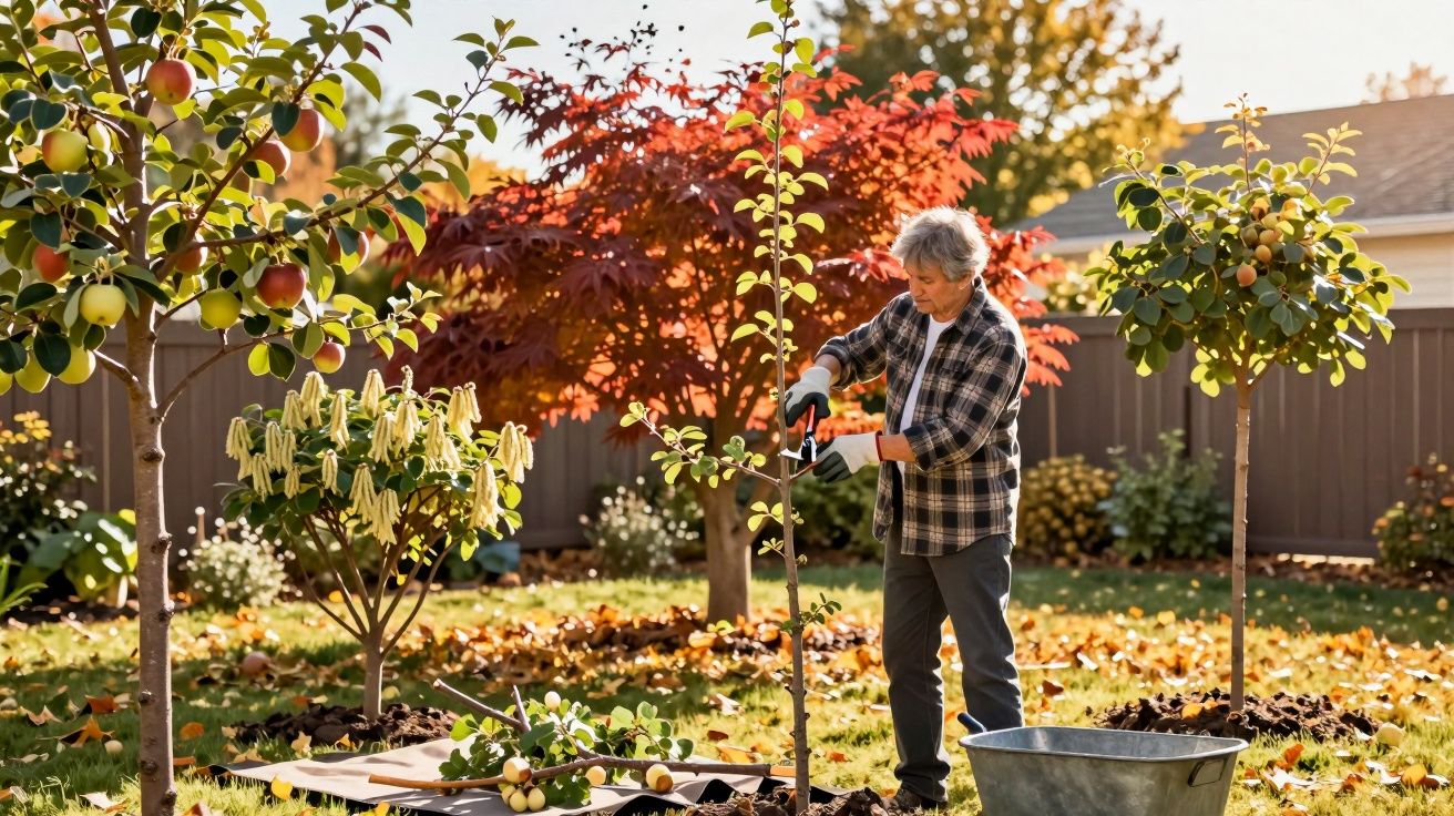 Homem poda árvore jovem no jardim com árvores frutíferas e folhas secas no chão em dia ensolarado de outono.