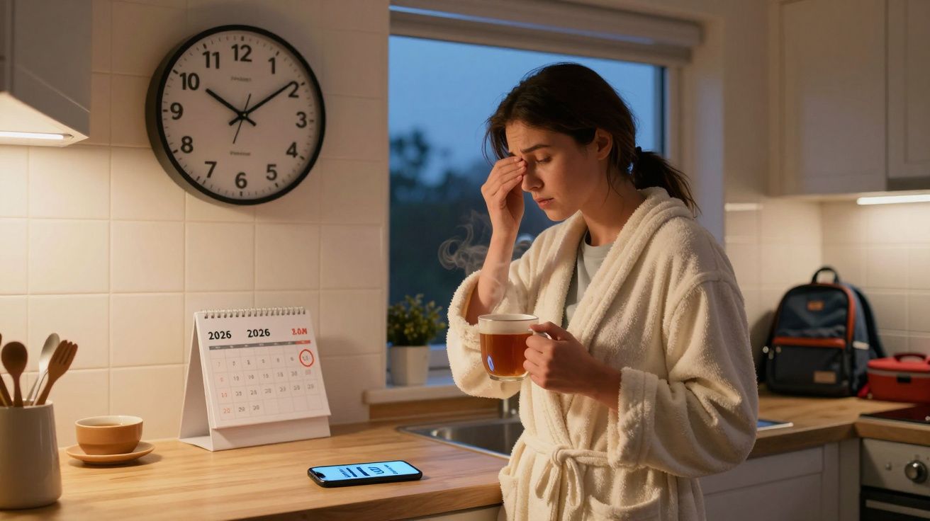 Mulher de roupão na cozinha com expressão cansada, segurando xícara de chá e tocando a testa.