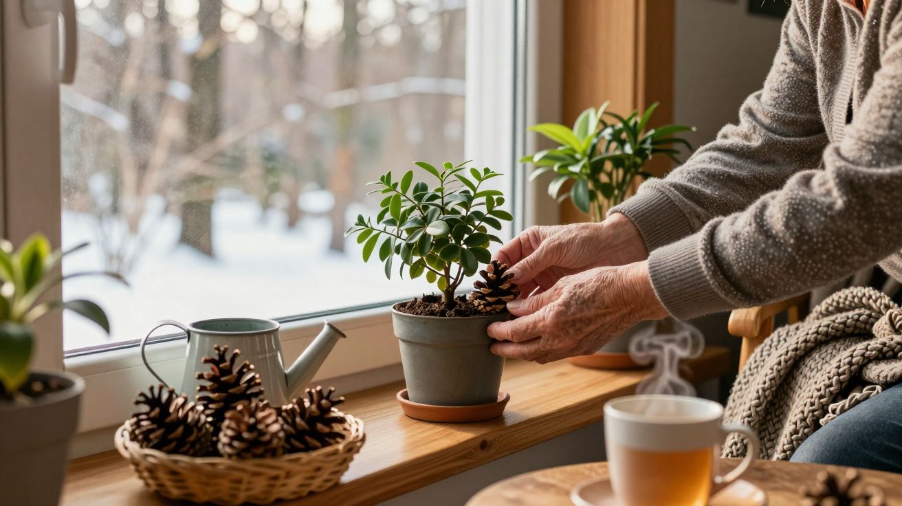 Mãos de idoso colocando pinha em vaso com planta na janela, cesta com pinhas e xícara de chá quente na mesa.