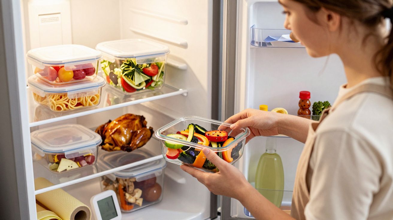 Mulher guardando legumes em pote plástico dentro de geladeira organizada com alimentos variados.