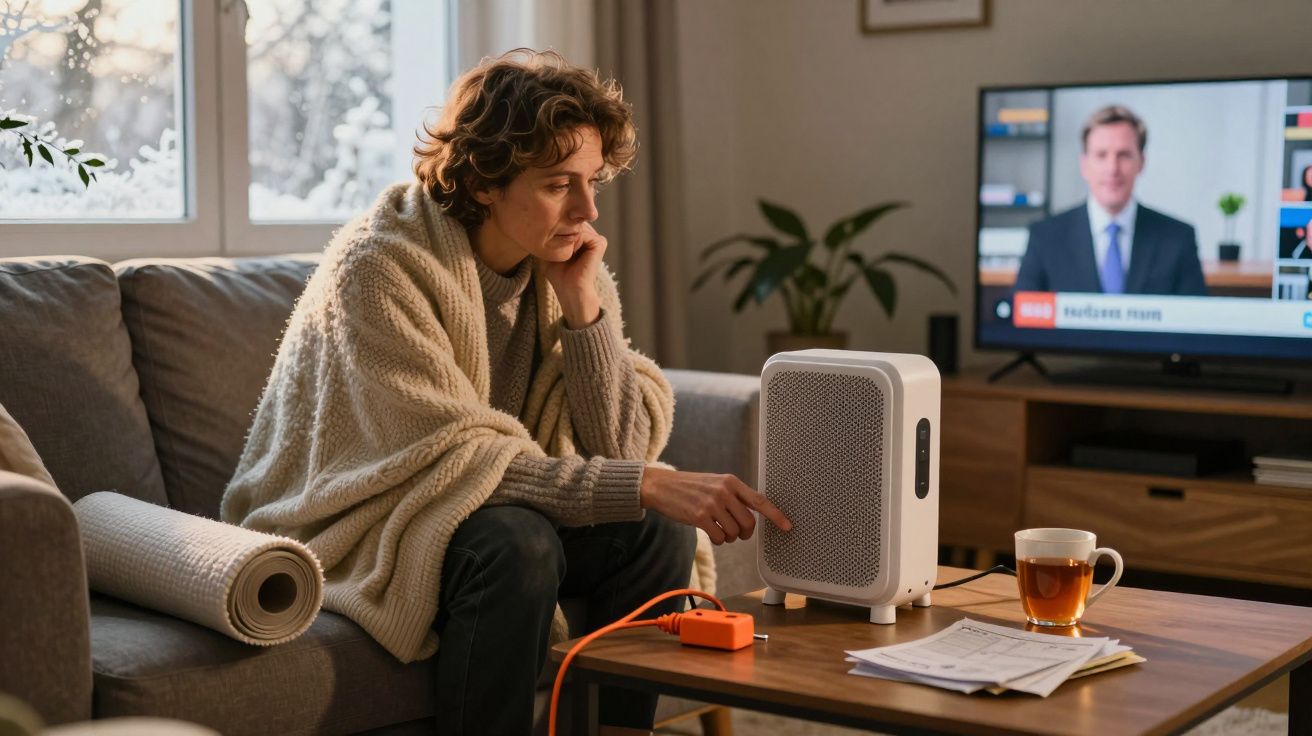 Mulher vestida com suéter e cobertor liga aquecedor elétrico na sala com TV ao fundo.