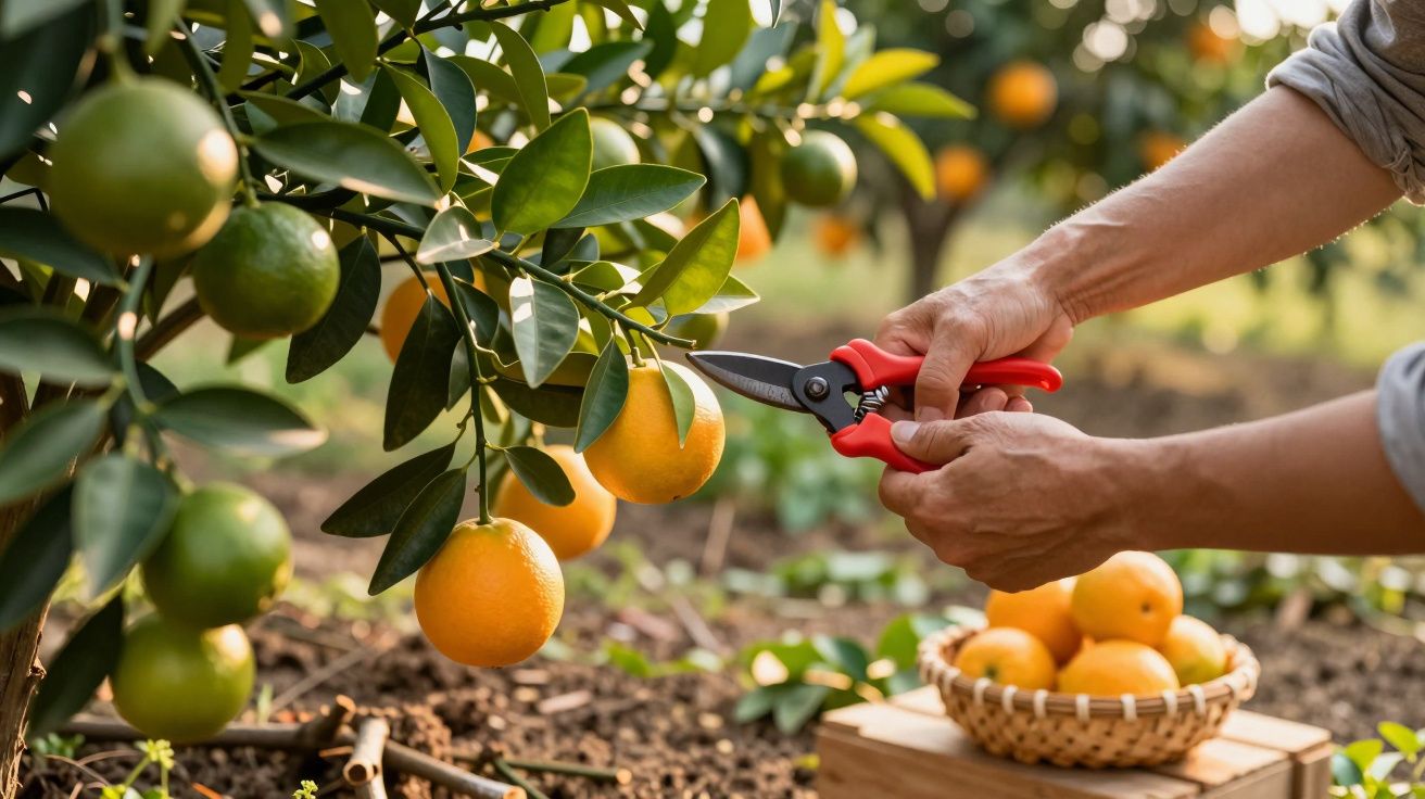 Mãos colhendo laranjas maduras em uma árvore com tesoura de poda, cesta cheia ao lado no chão.