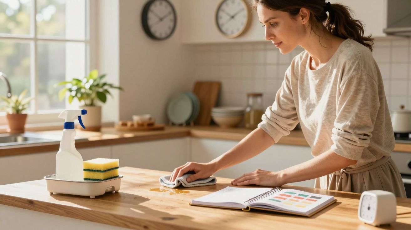 Mulher limpa mesa de madeira na cozinha iluminada enquanto consulta livro de amostras de cores.